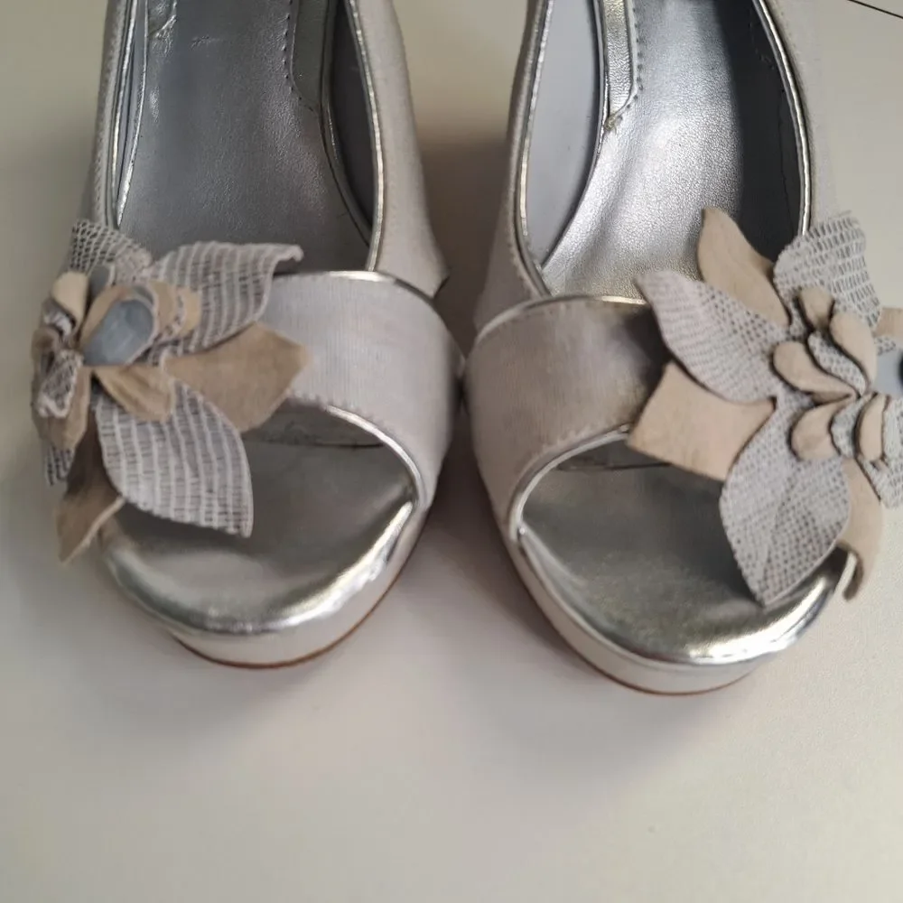 WHBM Formal Silver Wedge Heels Peep Toe Samira